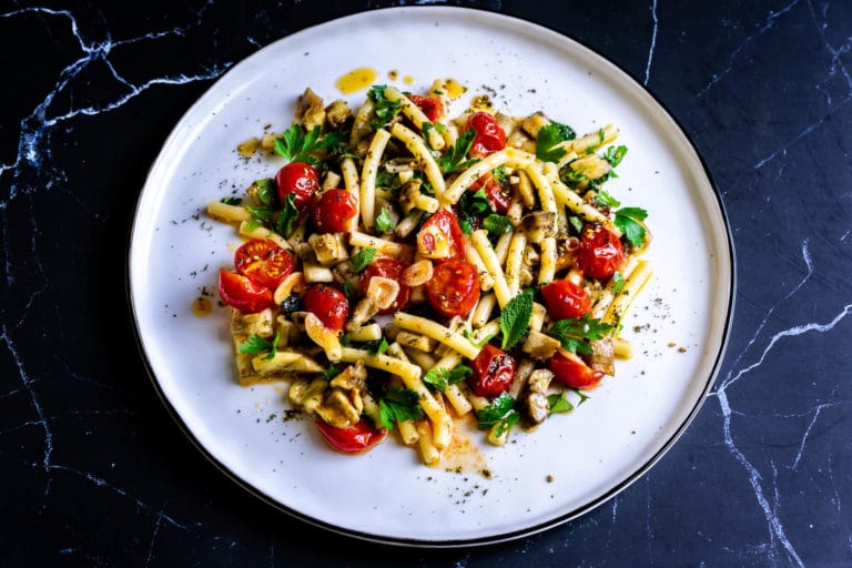 Pasta salad with grilled aubergine and confit cherry tomatoes