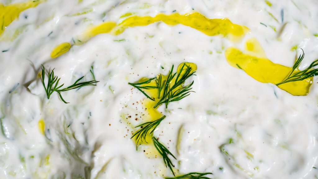 Close-up of tzatziki.